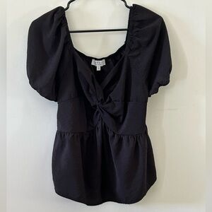Hayden Black Cinched Puff Sleeve Babydoll Blouse with Twisted Knot Front. Sz L